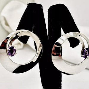 Carol Felley Earrings, Vintage 1988 CAROL FELLEY CIRCLES with Amethyst Sterling Silver Earrings, Carol Felley Sterling Silver Earrings
