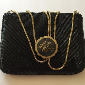 Bolso de noche negro vintage/Bolso de noche negro con cuentas y cadena de serpiente dorada con etiqueta original/Bolso de noche negro con cuentas La Regale LTD/Bolso de noche negro