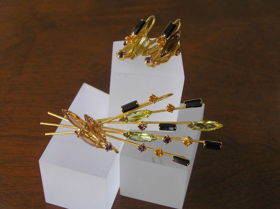 Vintage Sheaf of Wheat Rhinestone Pin and Earring… - image 1