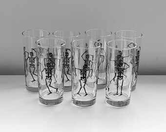 Dancing Skeleton Glasses: Halloween Drinkware, Set of 7