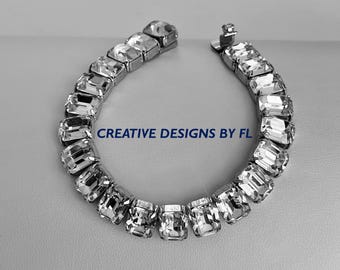 Pulsera Weiss con diamantes de imitación transparentes, pulsera Weiss con corte esmeralda transparente, joyería nupcial Weiss