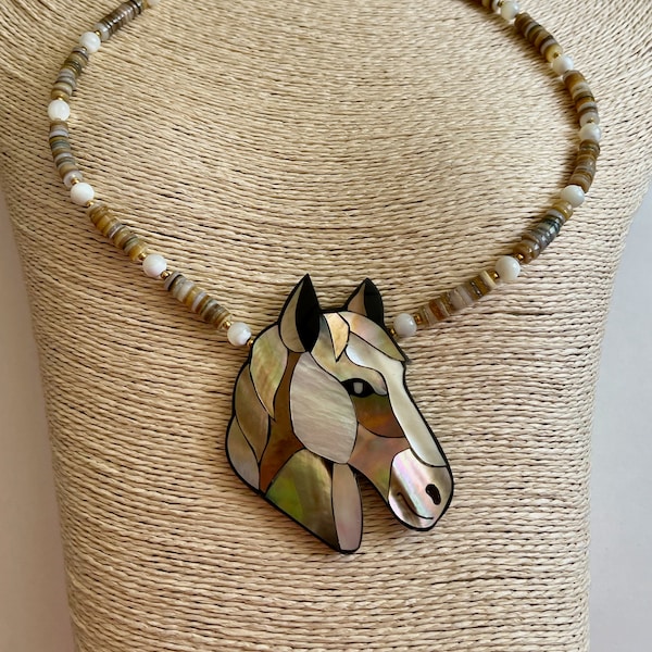 Lee Sands HORSE Necklace/Lee Sands Mother of Pearl HORSE Necklace Set in Black Resin/Lee Sands Mother of Pearl Inlay Horse Necklace