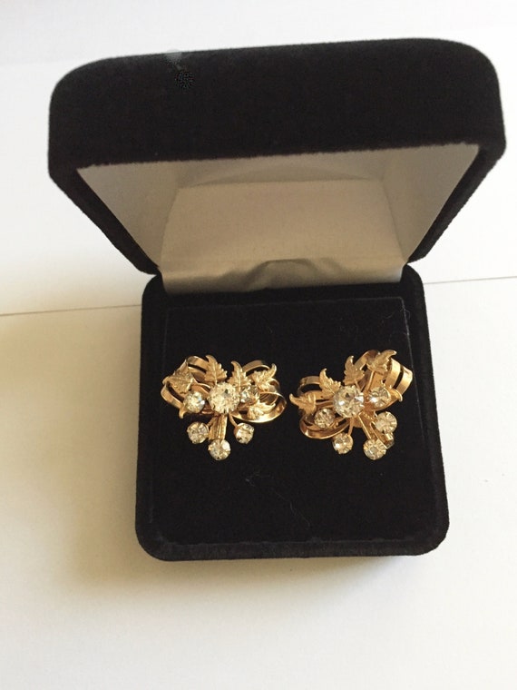 Kramer Rhinestone Earrings/Kramer CLEAR Rhinestone Earrings/Kramer Bow and Leaves with Clear Rhinestone Earrings ClipOn/Kramer Gold Earrings