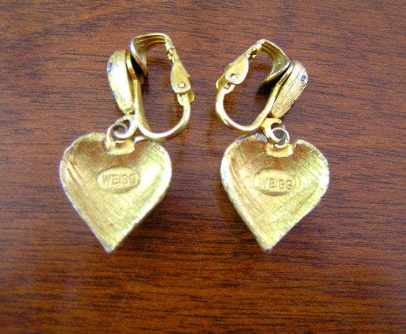 Vintage Weiss Heart w Rhinestone Earrings, Weiss … - image 3