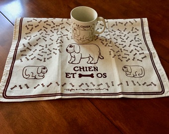 Taylor and Ng Coffee Mug/1978 Brown LE CHIEN Mug/Vintage Le Chien Tigre 1978 Mug and CHIEN Et Os Dish Towel 1979 Signed Win Ng/Taylor Ng Mug