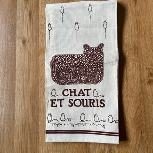 Vintage 1979 CHAT ET SOURIS Dish Towel Signed Win Ng/Taylor and Ng Brown Chat Et Souris Dish Towel/Taylor and Ng Cat Towel/Cat Mouse Towel