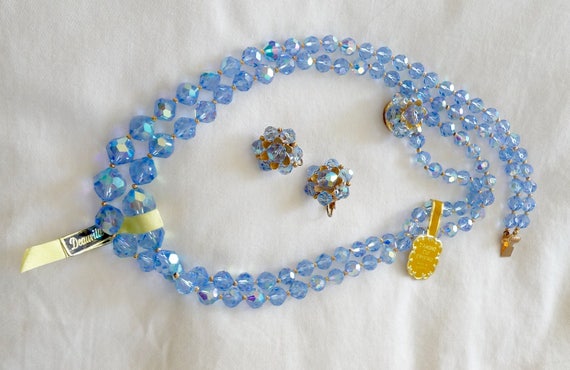 Double Strand Blue Crystal Necklace/Earrings MINT… - image 1