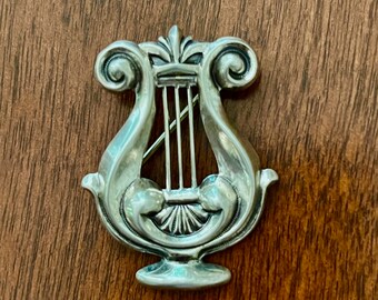 Broche vintage en argent sterling pour lyre et harpe