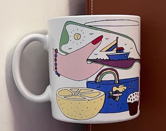 Taza de café Taylor and Ng: Diseño de vino, café y barco de 1981. Taza Taylor Ng: diseño inusual y difícil de encontrar.