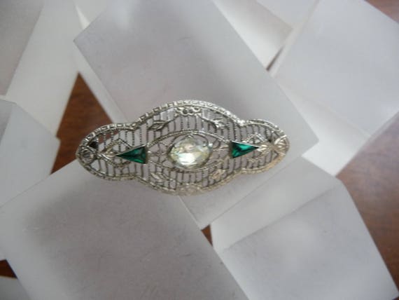 Sterling Art Deco Filigree Green Stone Pin/Sterli… - image 5