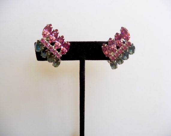 Weiss Pink Blue Rhinestone Earrings, Weiss Marqui… - image 2