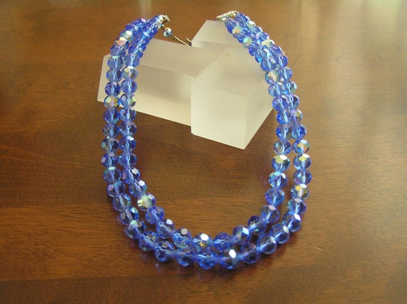 Double Strand Blue Crystal Necklace, Vintage Doub… - image 1