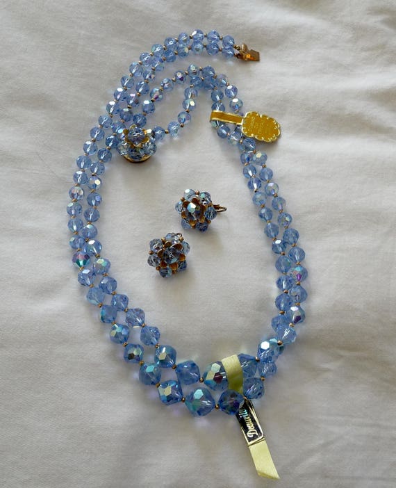 Double Strand Blue Crystal Necklace/Earrings MINT… - image 2