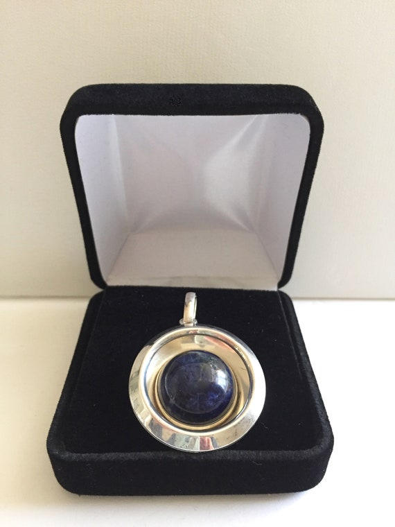 Vintage Henning Ulrichsen Modernist Denmark Sodalite Sterling Silver Disc Pendant/Henning Ulrichsen Pendant/Henning Ulrichsen Sodalite