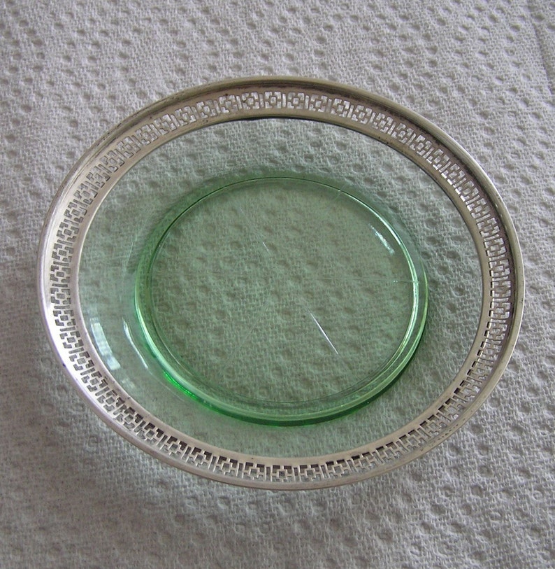 Vintage Sterling Silver Glass Sterling Coaster, Vintage Webster Sterling Silver Coaster, Vintage Sterling Green Glass Webster Coaster image 1