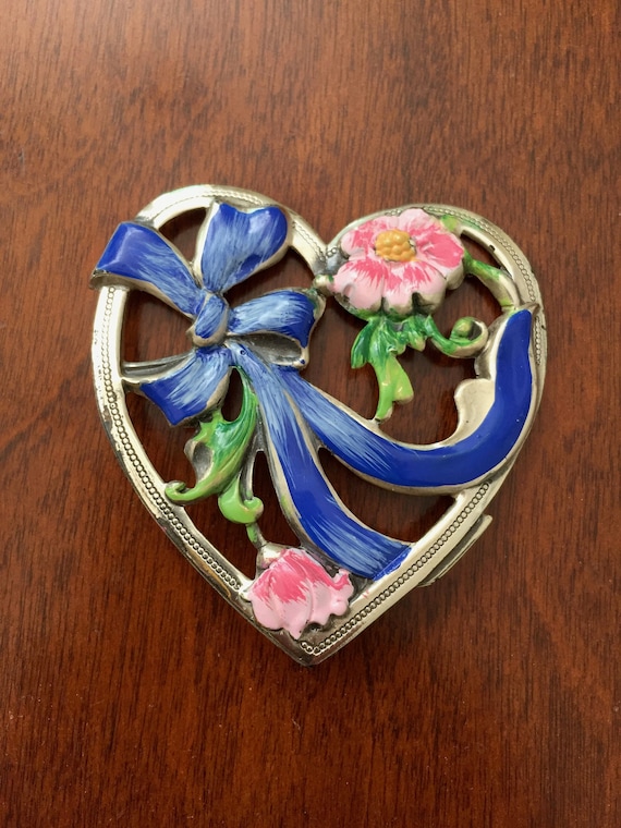 Coro Sterling Heart Pin/CORO Sterling and Enamel Heart Pin/Coro Enamel Heart Pin/Coro Sterling Silver Heart Pin with Enamel Flowers/Coro Pin