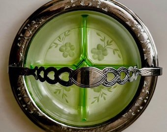 Vintage Green Depression Glass Four Part Divided Dish with Handle, Depression Glass Dish with Chrome Accents, GREEN Depression Glass Dish
