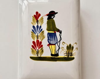 Hand Painted Trinket Box: Quimper Style Breton Man Faience Pottery, Made in Italy