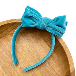 TURQUOISE VELVET - Velvet Bow Headband - Girls Hard Headband - School Girl Headband - Everyday Headband with removable bow - 26 colors