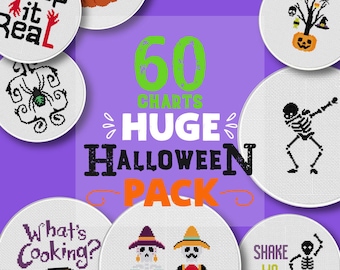 Puede incluir: Una colección de 60 patrones de punto de cruz de Halloween. Los patrones presentan varios temas de Halloween, incluidos esqueletos, calabazas y arañas. El texto "60 CHARTS HUGE HALLOWEEN PACK" se muestra en el centro de la imagen.