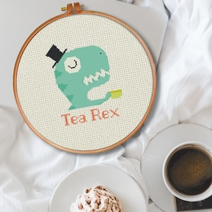 Tea Rex PDF Counted Cross Stitch Pattern, Xstitch, Needlecraft - Instant Download - Modern Chart