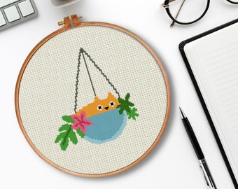 Cat Hanging Planter PDF Cross Stitch Pattern Needlecraft - Instant Download - Modern Chart