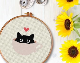 Black Teacup Cat PDF Cross Stitch Pattern Needlecraft - Instant Download - Modern Chart