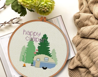 Happy Camper PDF Counted Cross Stitch Pattern, Xstitch, Needlecraft - Instant Download - Modern Chart