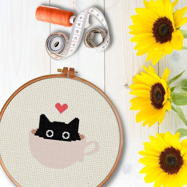 Black Teacup Cat PDF Cross Stitch Pattern Needlecraft - Instant Download - Modern Chart