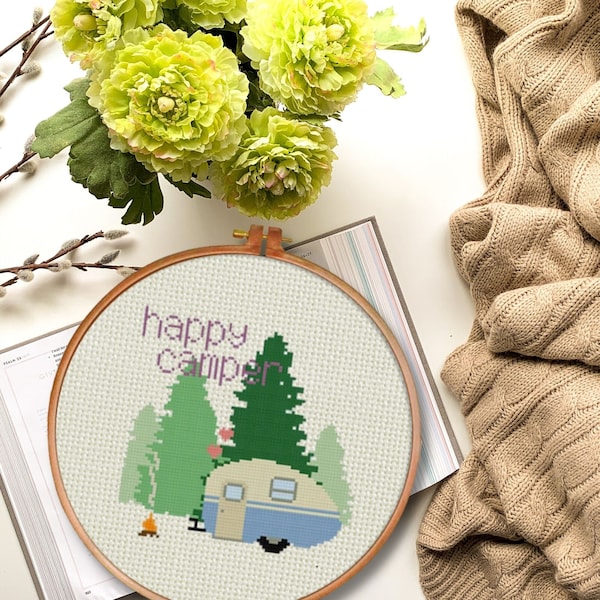 Happy Camper PDF Counted Cross Stitch Pattern, Xstitch, Needlecraft - Instant Download - Modern Chart