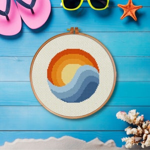 Sunrise and Wave Counted Cross Stitch Chart, Summer Beach PDF Pattern, for Cross Stitching & Xstitch Fans, Needlecraft - Instant Download