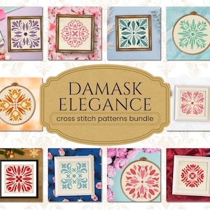 May include: A collection of cross stitch patterns titled Damask Elegance, featuring various symmetrical floral motifs in colors including purple, pink, teal, orange, red, and blue, displayed in wooden frames or circular embroidery hoops.