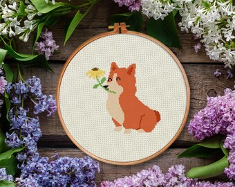 Corgi with Flower PDF Cross Stitch Pattern - Instant Download - Modern Chart