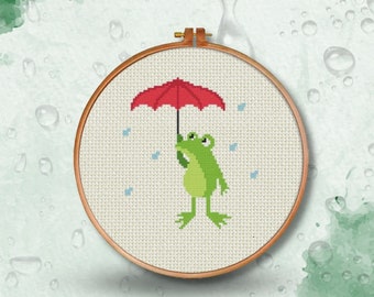 Rainy Day Frog PDF Cross Stitch Pattern Needlecraft - Instant Download - Modern Chart