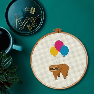 Party Luftballon Faultier PDF Kreuzstichmuster Needlecraft - Instant Download - Modern Chart