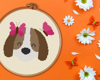 Dog And Butterfly PDF Cross Stitch Pattern Needlecraft - Instant Download - Modern Chart