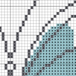 May include: A cross stitch pattern featuring a blue and gray design. The pattern is made up of small squares, each with a different color. The design is a stylized flower with a stem and leaves.