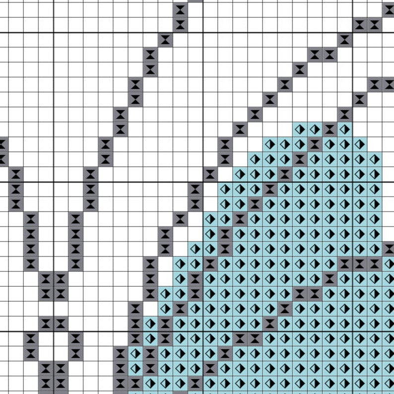May include: A cross stitch pattern featuring a blue and gray design. The pattern is made up of small squares, each with a different color. The design is a stylized flower with a stem and leaves.