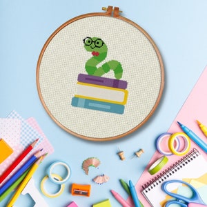 Cute Bookworm Counted Cross Stitch Chart, PDF Pattern, for Cross Stitching & Xstitch Fans, Needlecraft - Instant Download - Modern Chart