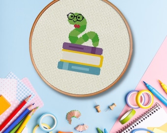 Cute Bookworm Counted Cross Stitch Chart, PDF Pattern, for Cross Stitching & Xstitch Fans, Needlecraft - Instant Download - Modern Chart