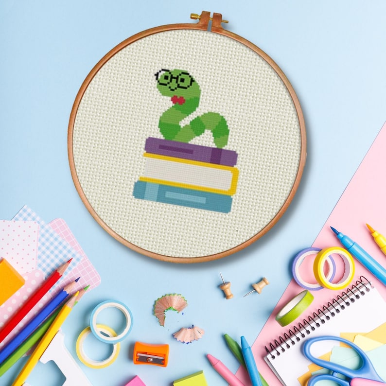 Cute Bookworm PDF Cross Stitch Pattern Needlecraft Instant Etsy