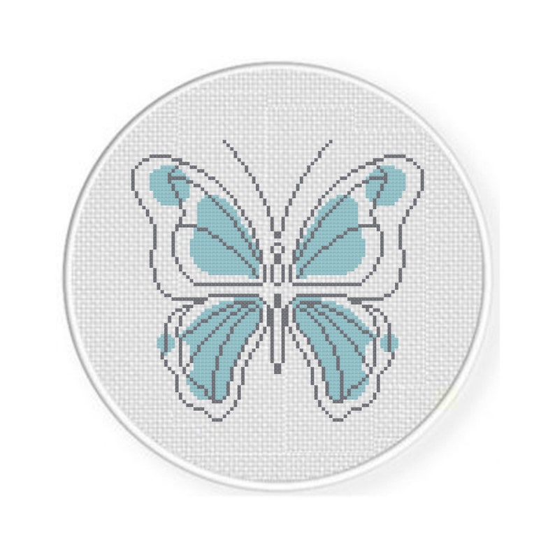 May include: A blue butterfly with gray outlines is embroidered on a white circular canvas.