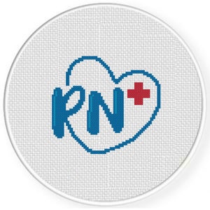 May include: A blue heart with the letters "RN" inside and a red cross in the upper right corner.