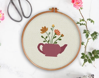 Teekanne Herbstblumen PDF Kreuzstichmuster Handarbeit - Instant Download - Moderne Anleitung