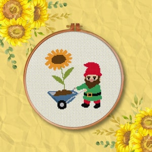 Gnome With Wheelbarrow PDF Cross Stitch Pattern Needlecraft - Instant Download - Modern Chart