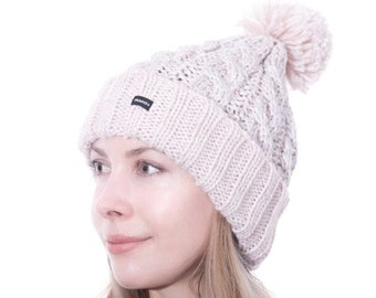 Bobble Hat Cable Knit Beanie Pink Silver Pom Pom Hat