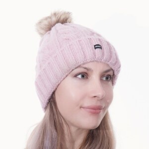 Bobble Hat Pink Cable Knit Beanie Detachable Pom Ski Hat by CRAGGI image 2