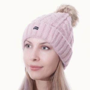 Bobble Hat Pink Cable Knit Beanie Detachable Pom Ski Hat by CRAGGI