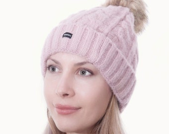 Bobble Hat Pink Cable Knit Beanie Detachable Pom Ski Hat by CRAGGI