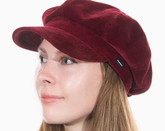 Womens Velvet Baker Boy Hat Deep Red Velvet Newsboy Cap CRAGGI